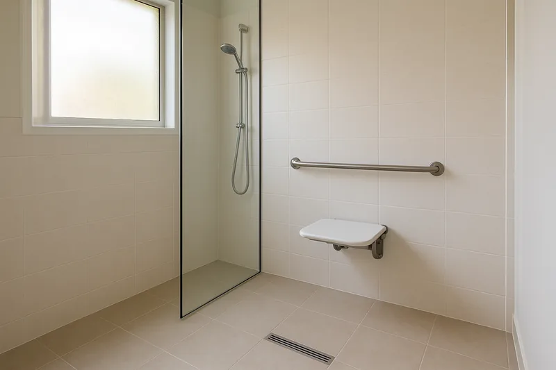 A step-free shower behind a glass screen with a fold-down seat, a horizontal stainless steel grab rail, a hand-held shower on a rail and a linear floor drain — accessible bathroom renovation, Geelong. Illustrative example.