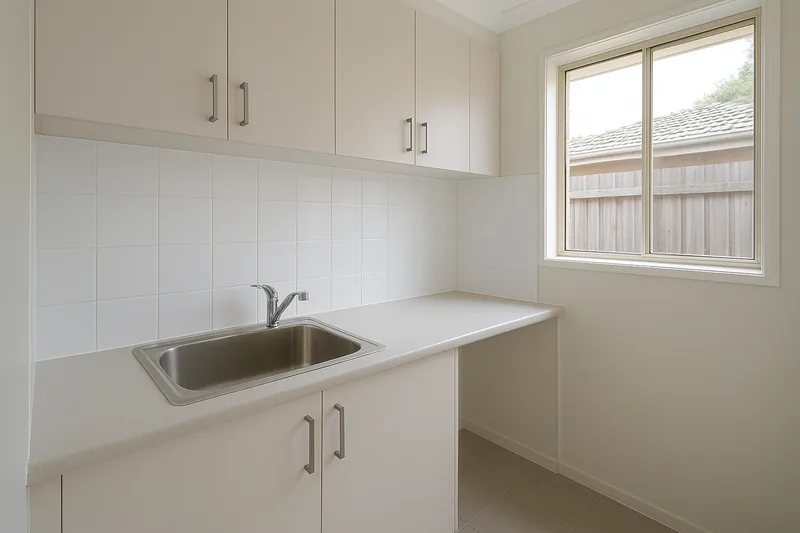 A laundry with a stainless steel sink set into a benchtop, white overhead cupboards and cabinets, a white tiled splashback and a window — laundry renovation, Geelong. Illustrative example.