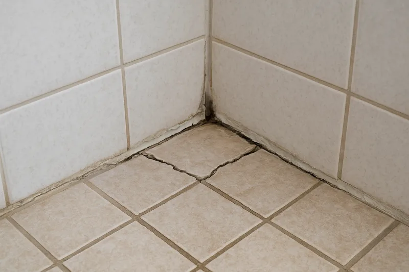 Cracked grout and a cracked floor tile with lifted silicone and dark staining where a tiled shower floor meets the wall tiles — shower leak repair, Geelong. Illustrative example.