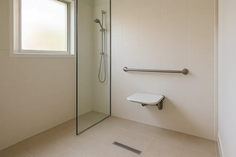 A step-free shower behind a glass screen with a fold-down seat, a horizontal stainless steel grab rail, a hand-held shower on a rail and a linear floor drain — accessible bathroom renovation, Geelong. Illustrative example.