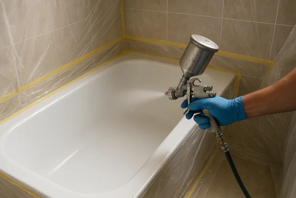 A white bath masked off with tape and plastic sheeting, with a blue-gloved hand holding a spray gun over it — bath and tile resurfacing, Geelong. Illustrative example.