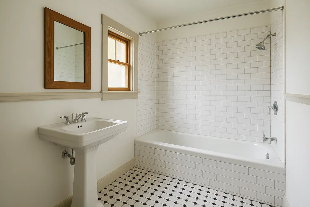 The inside of a small bathroom with a built-in bath in a white subway-tiled surround with a shower curtain rail, a pedestal basin beside a timber-framed mirror and a small timber window, a picture-rail line on the walls and a black and white tiled floor — bathroom renovation, Geelong. Illustrative example.