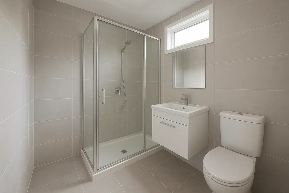 The inside of a compact bathroom with a corner shower behind a framed pivot glass door, grey large-format tiles, a short white wall-hung vanity under a mirror and a small high window, and a toilet beside it — bathroom renovation, Geelong. Illustrative example.