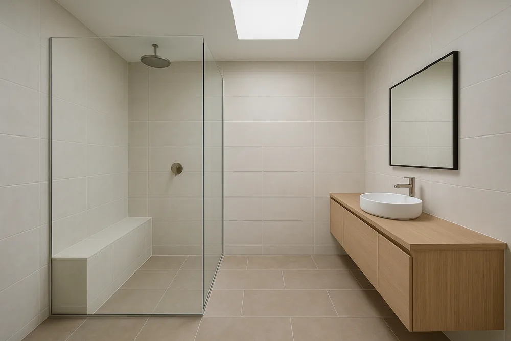 The inside of a spacious bathroom with a walk-in shower behind a glass panel with a tiled seat and a ceiling rain head, a long floating timber vanity with a round basin and a black-framed mirror, large beige tiles and a skylight above — bathroom renovation, Geelong. Illustrative example.