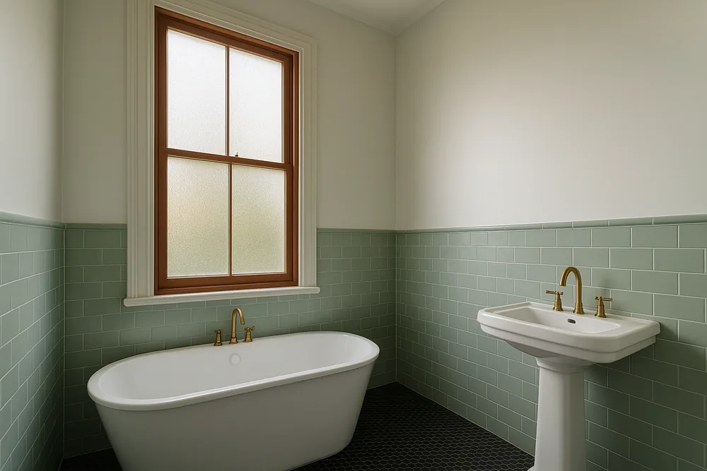 The inside of a bathroom in an older house, with a tall timber double-hung sash window with frosted glass above a freestanding bath, a pedestal basin, pale green half-height tiles and a dark hexagonal-tile floor with brass-finish taps — bathroom renovation, Geelong. Illustrative example.