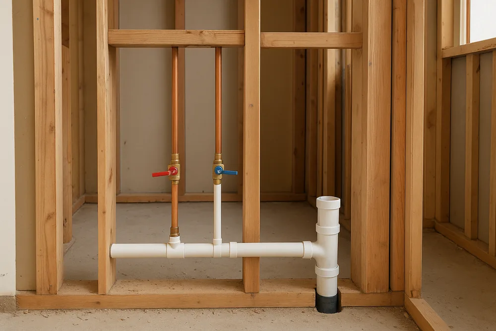 New copper hot and cold water pipes with two valves and a white shower waste pipe roughed into an open timber stud wall — bathroom renovation, Geelong. Illustrative example.