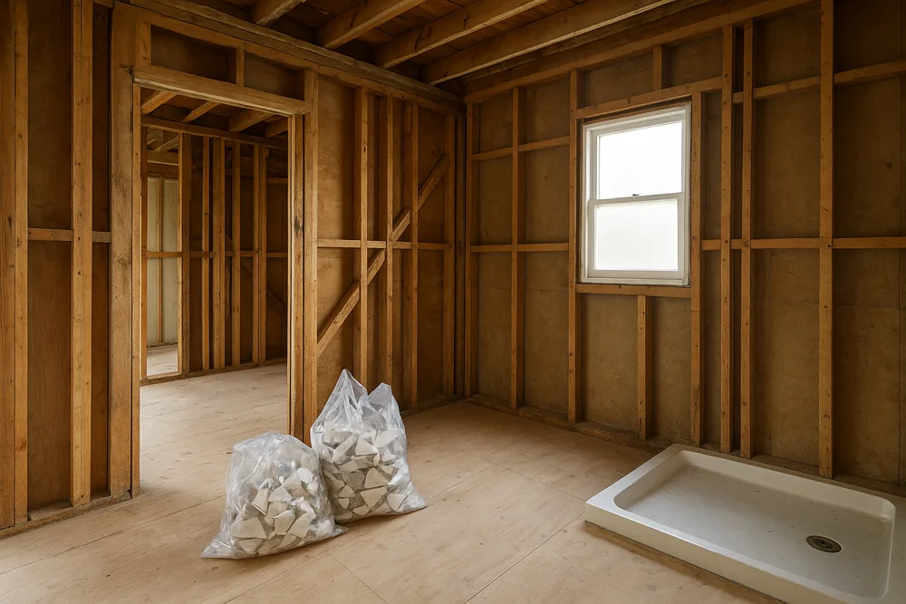 A bathroom stripped back to bare timber wall framing and floor sheeting, with two clear bags of broken tile on the floor and a shower tray at the right — bathroom renovation, Geelong. Illustrative example.