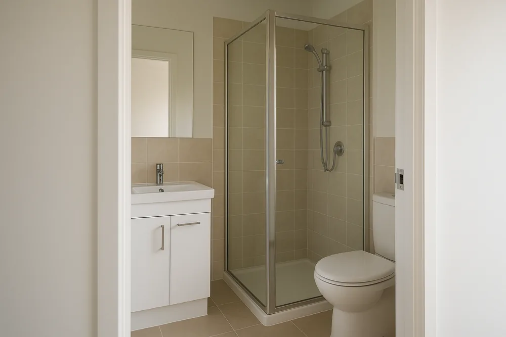 A compact ensuite seen from a doorway: a white vanity with a basin, a corner shower with a glass screen and a toilet, on beige tiles — ensuite renovation, Geelong. Illustrative example.