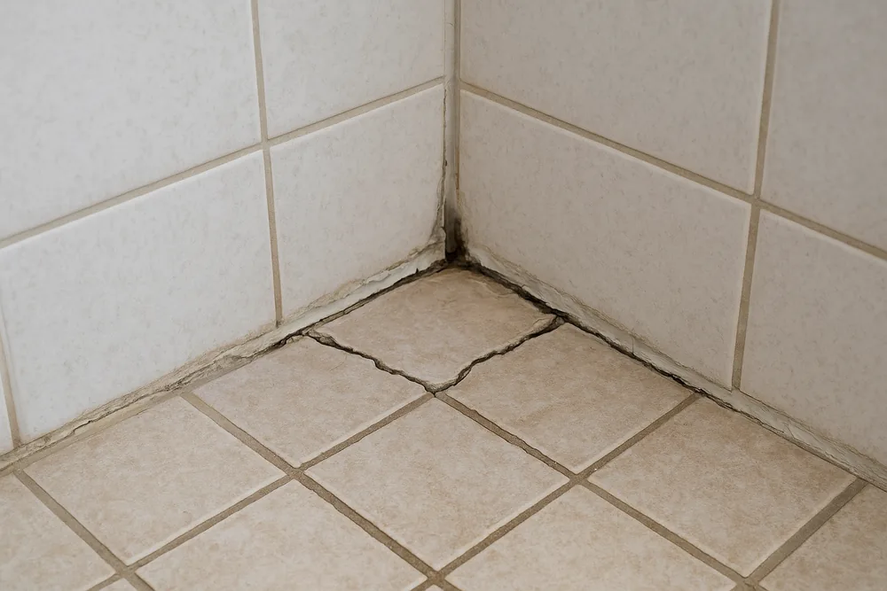 Cracked grout and a cracked floor tile with lifted silicone and dark staining where a tiled shower floor meets the wall tiles — shower leak repair, Geelong. Illustrative example.