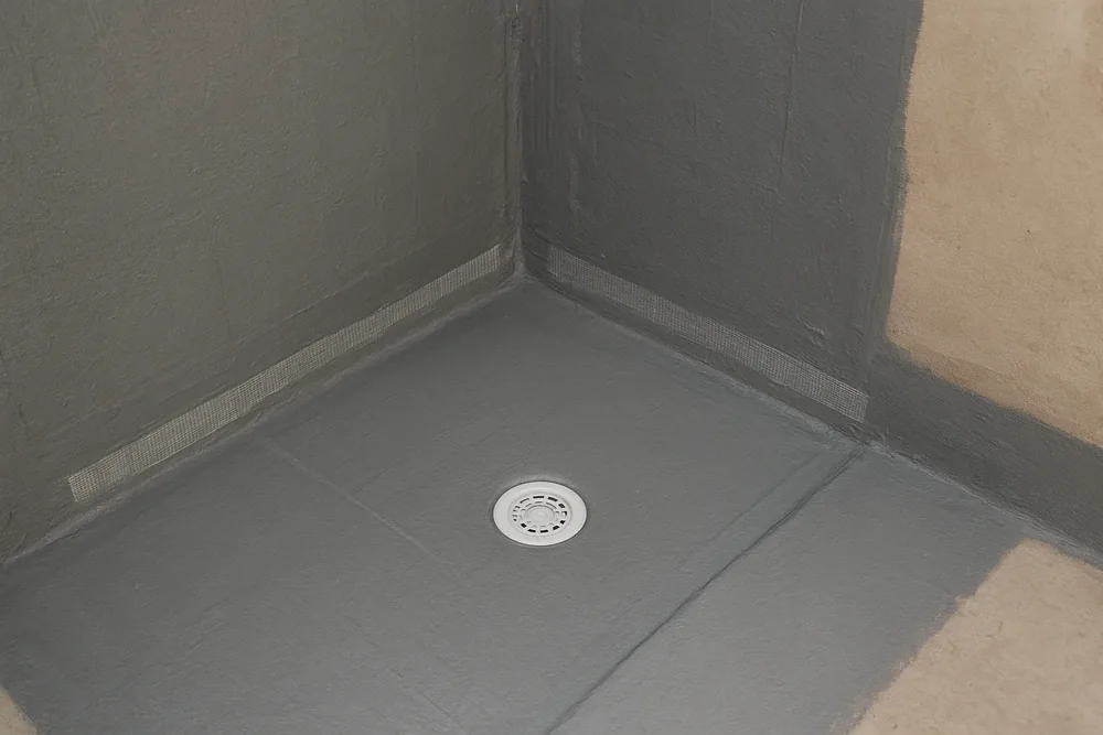 A shower floor and wall corner coated in grey liquid waterproofing membrane with mesh tape along the junctions and a white floor waste — shower leak repair, Geelong. Illustrative example.